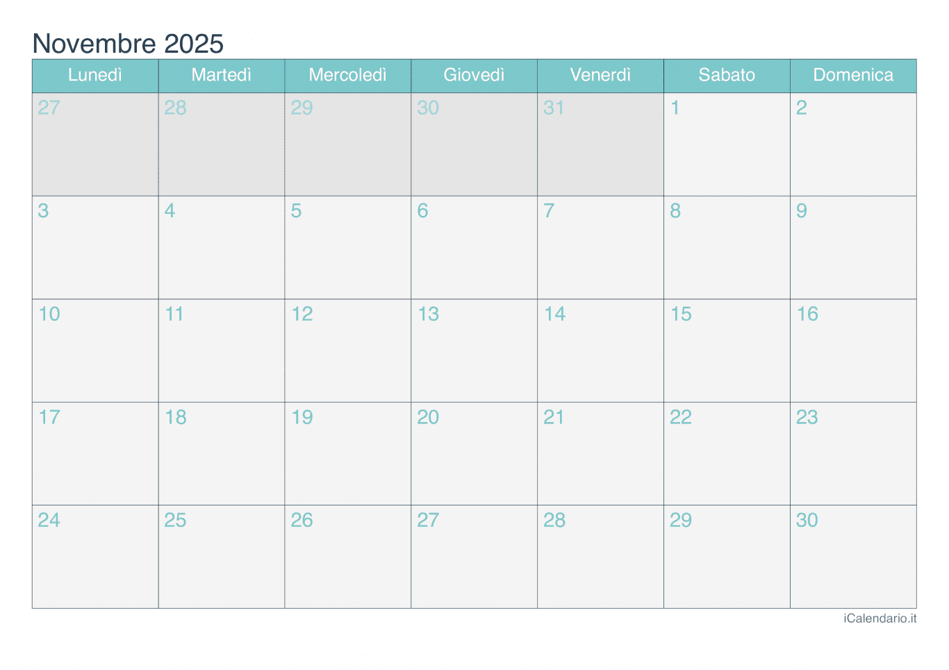 Calendario di novembre 2025 - Turchese