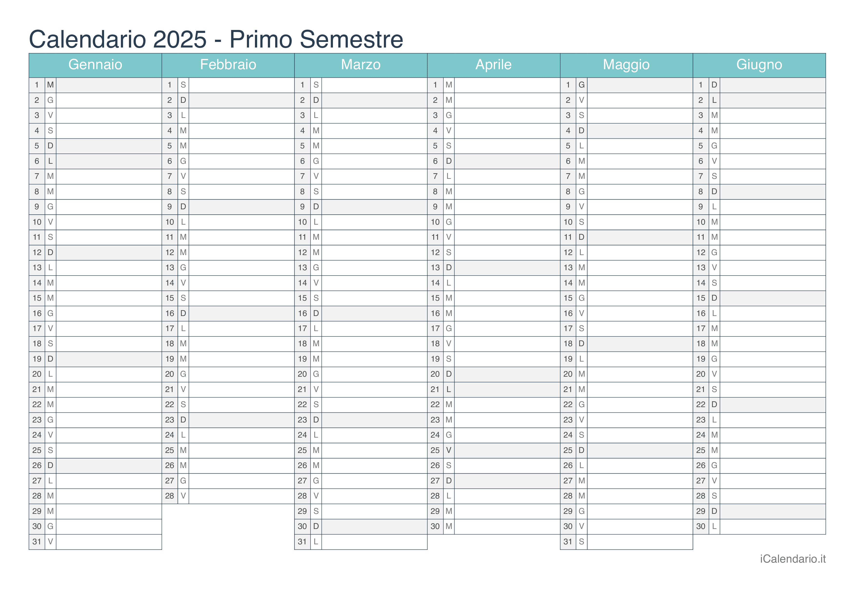 Calendario semestrale 2025 - Turchese