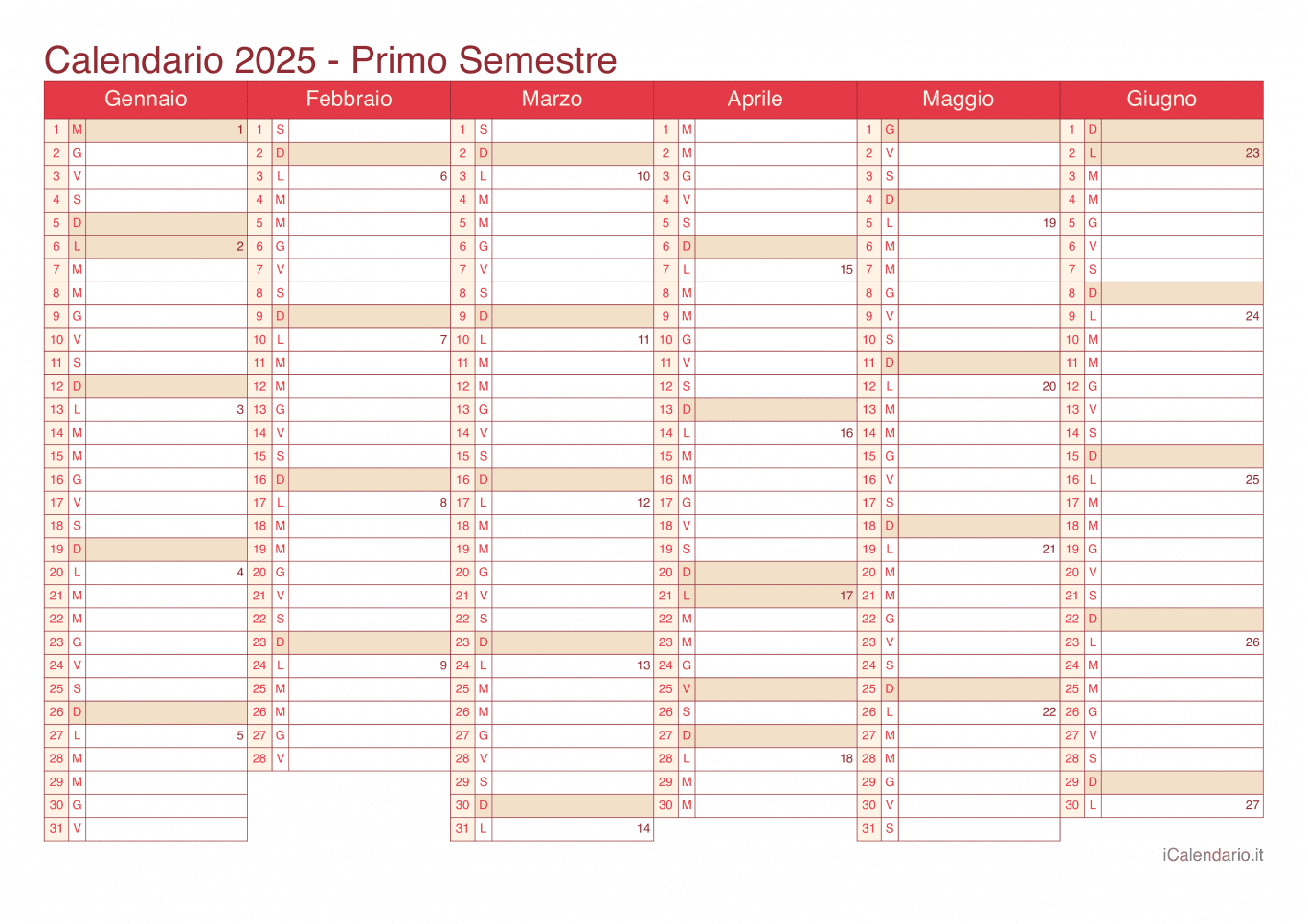 Calendario semestrale con numeri delle settimane 2025 - Cherry