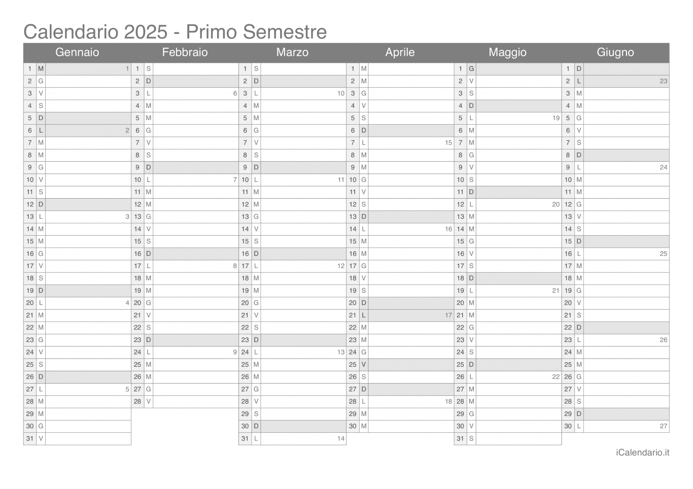 Calendario semestrale con numeri delle settimane 2025