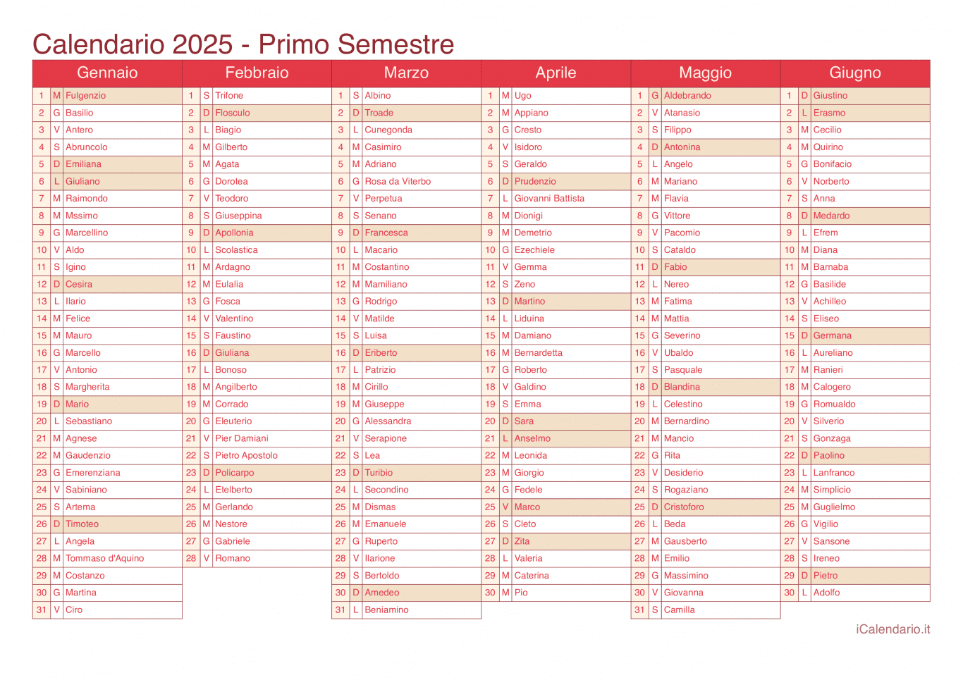 Calendario semestrale 2025 con santi e festivi - Cherry