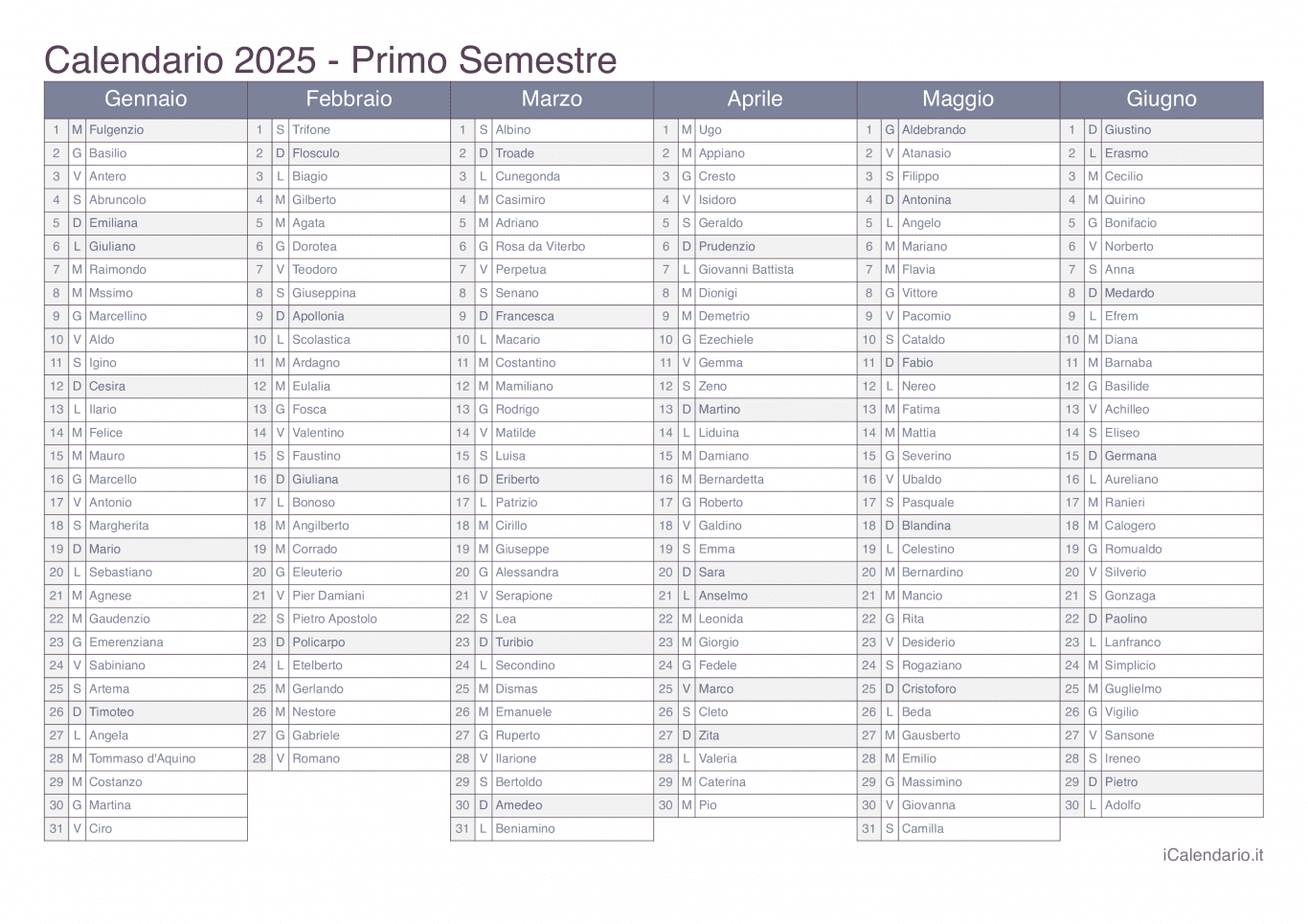 Calendario semestrale 2025 con santi e festivi - Office