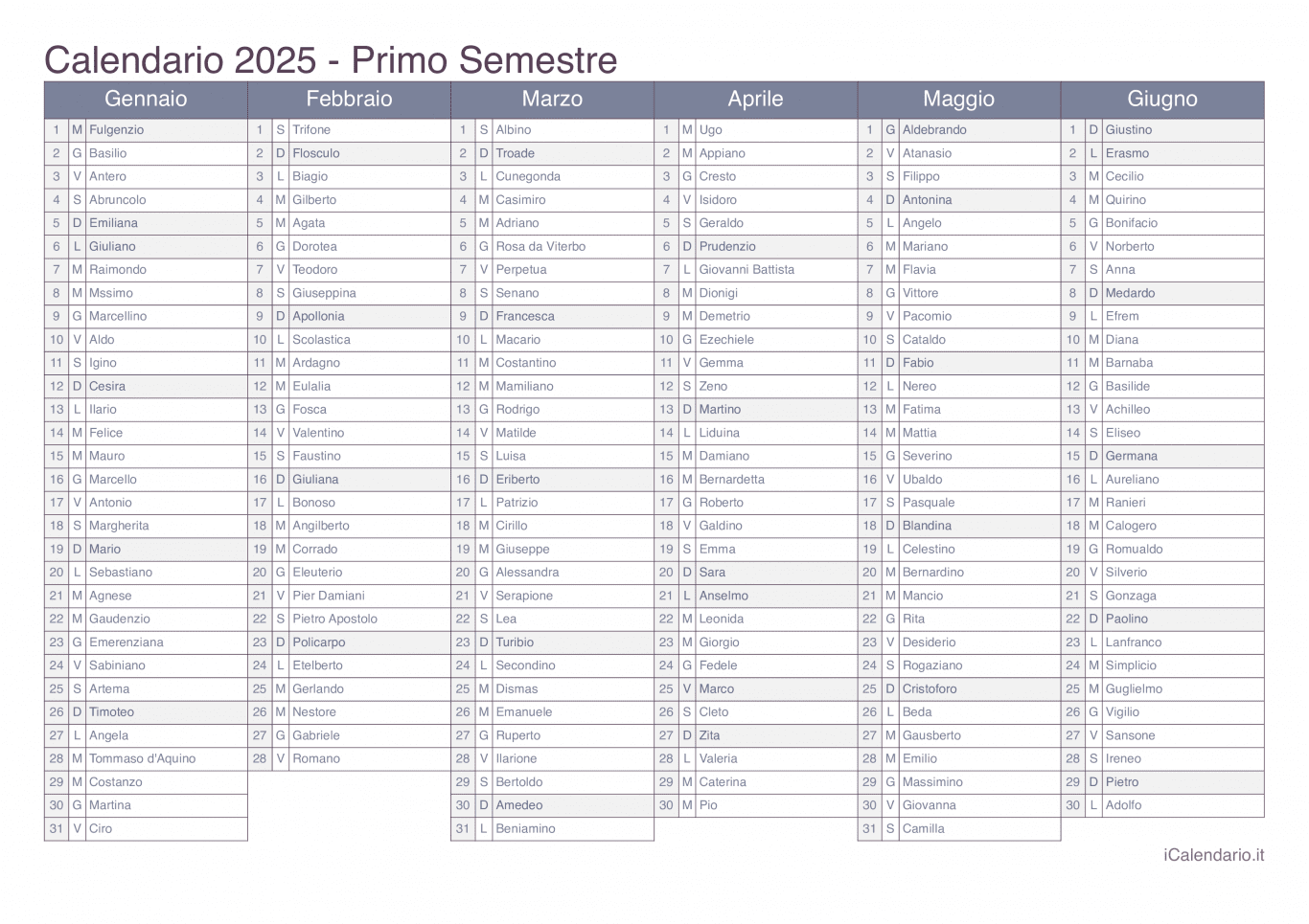 Calendario 2025 da stampare