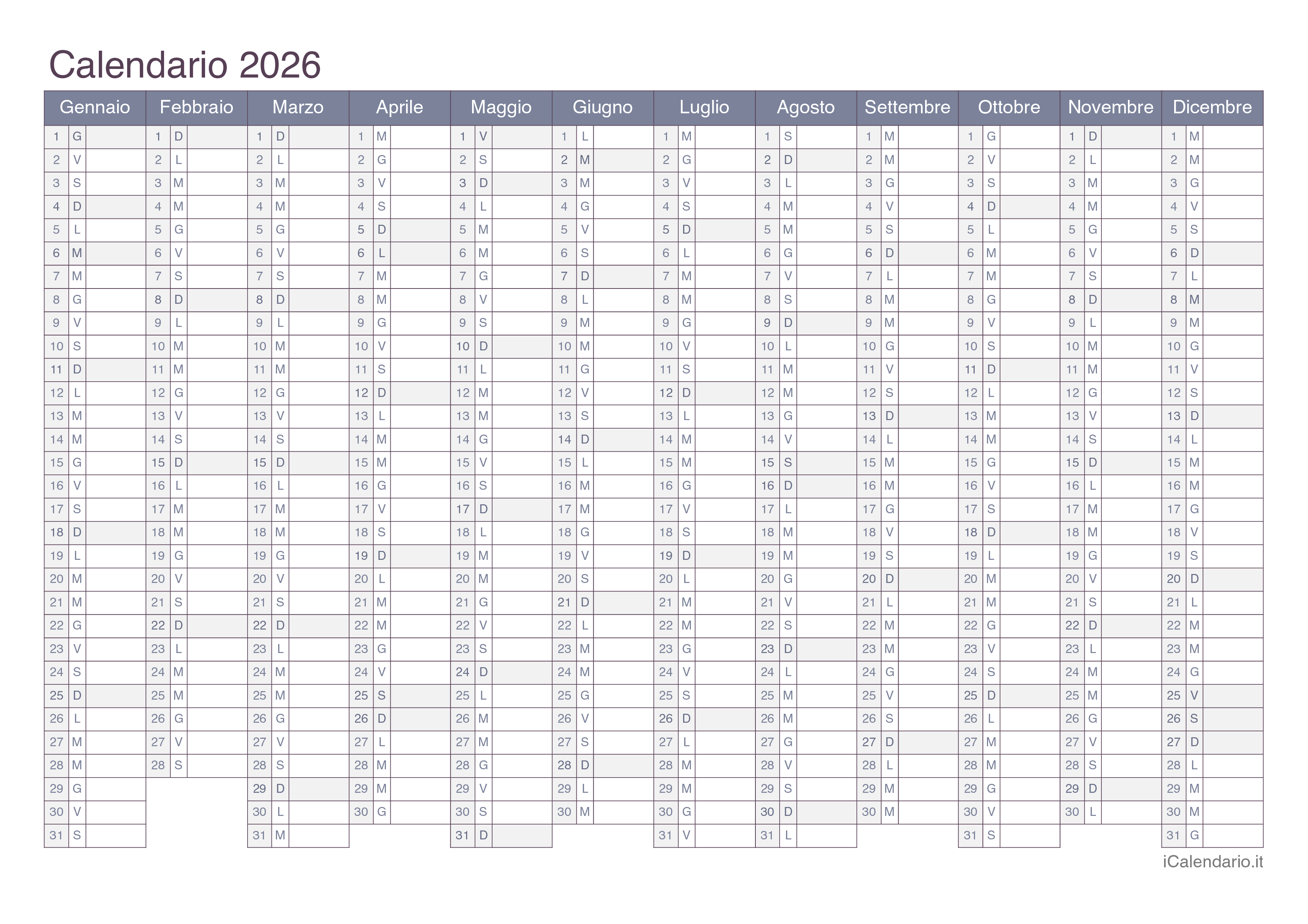 Calendario Annuale 2026 Da Stampare