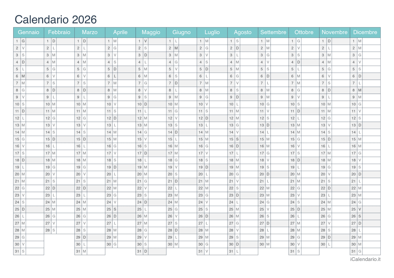 Calendario 2026 - Turchese