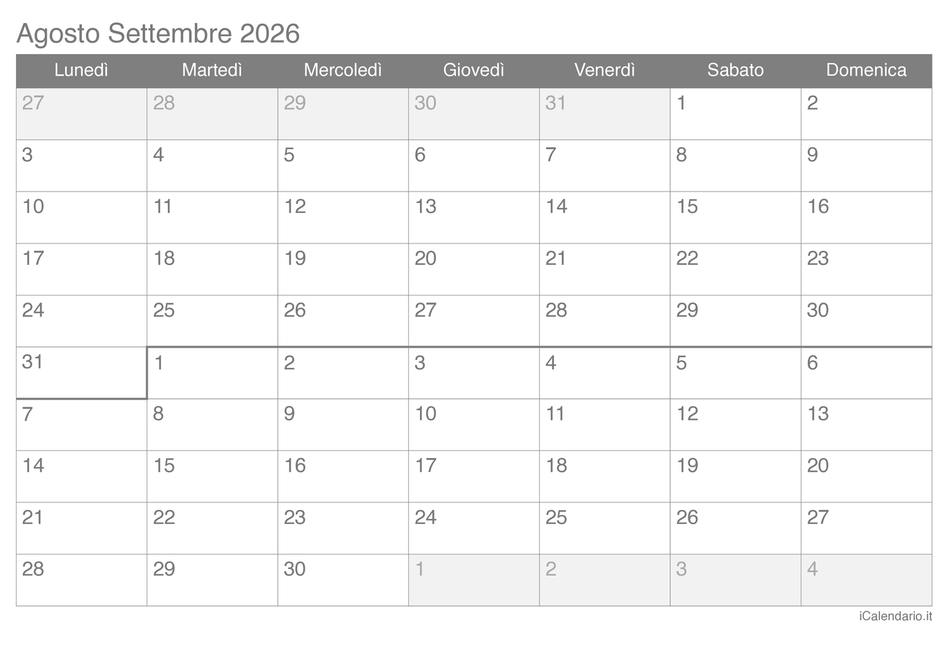 Calendario di agosto settembre 2026