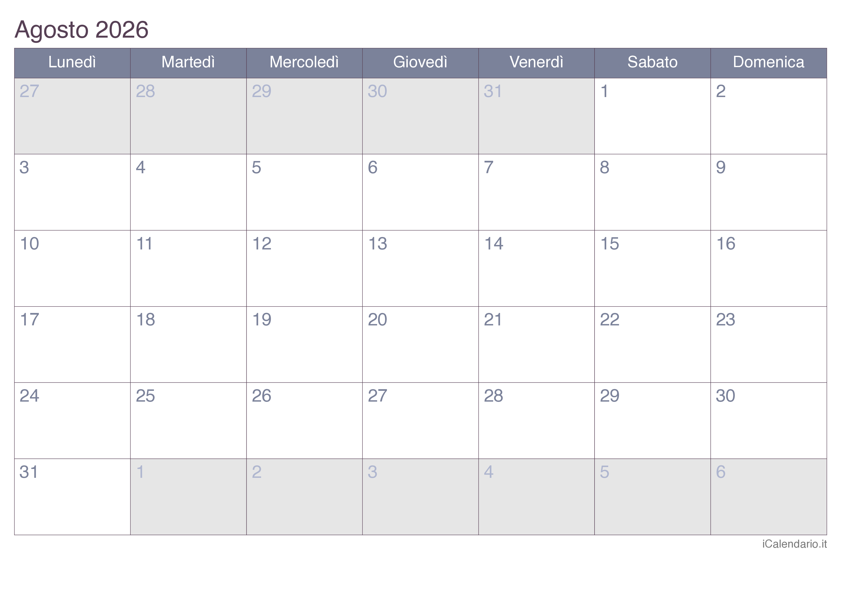Calendario Agosto 2026 Da Stampare Calendario Agosto 2026 Da Stampare