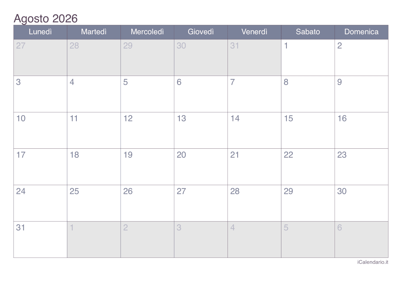 Calendario d'agosto 2026 - Office