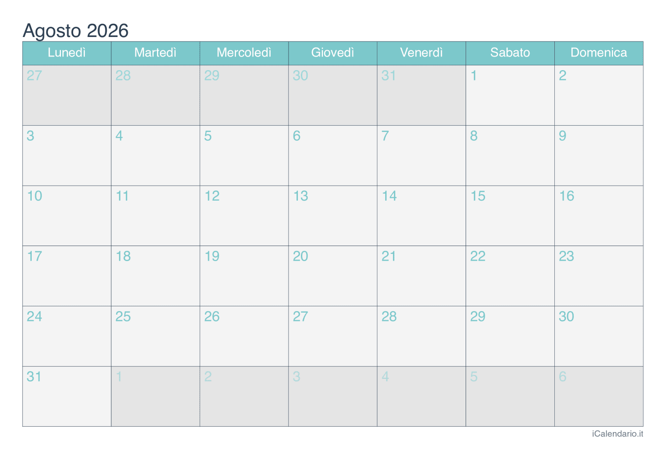 Calendario d'agosto 2026 - Turchese