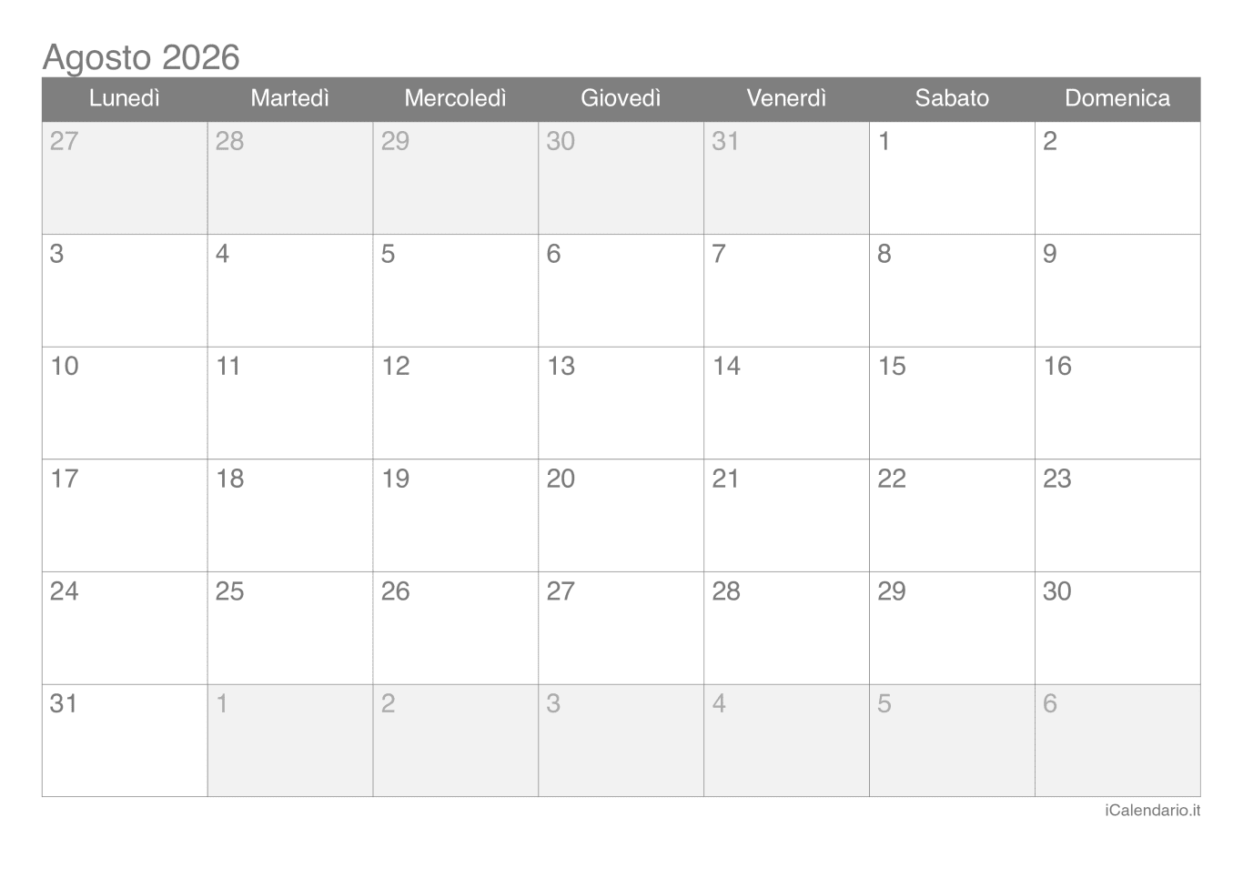 Calendario d'agosto 2026