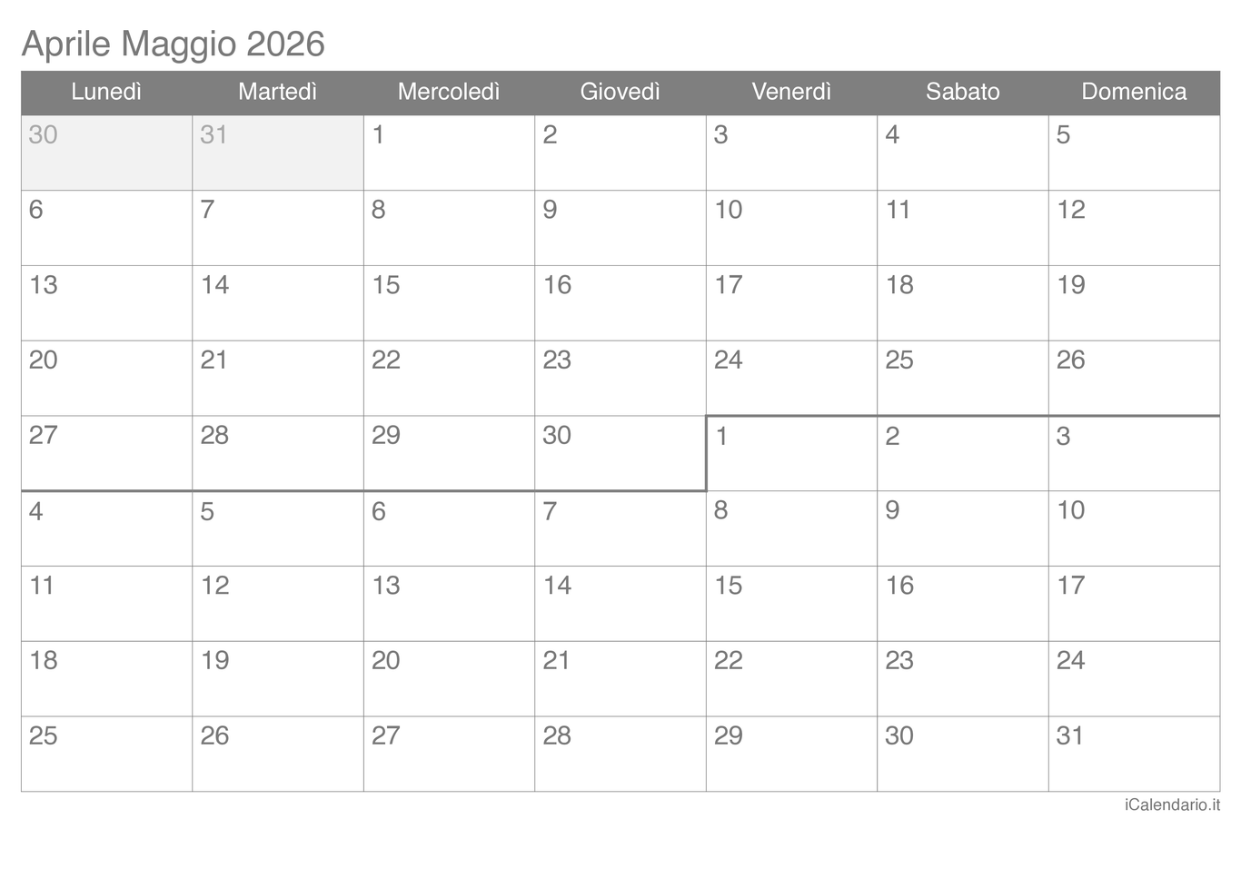 Calendario di aprile maggio 2026