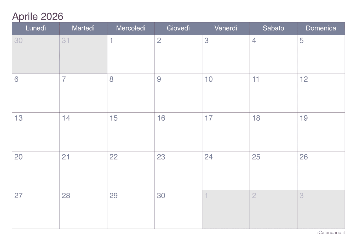 Calendario d'aprile 2026 - Office