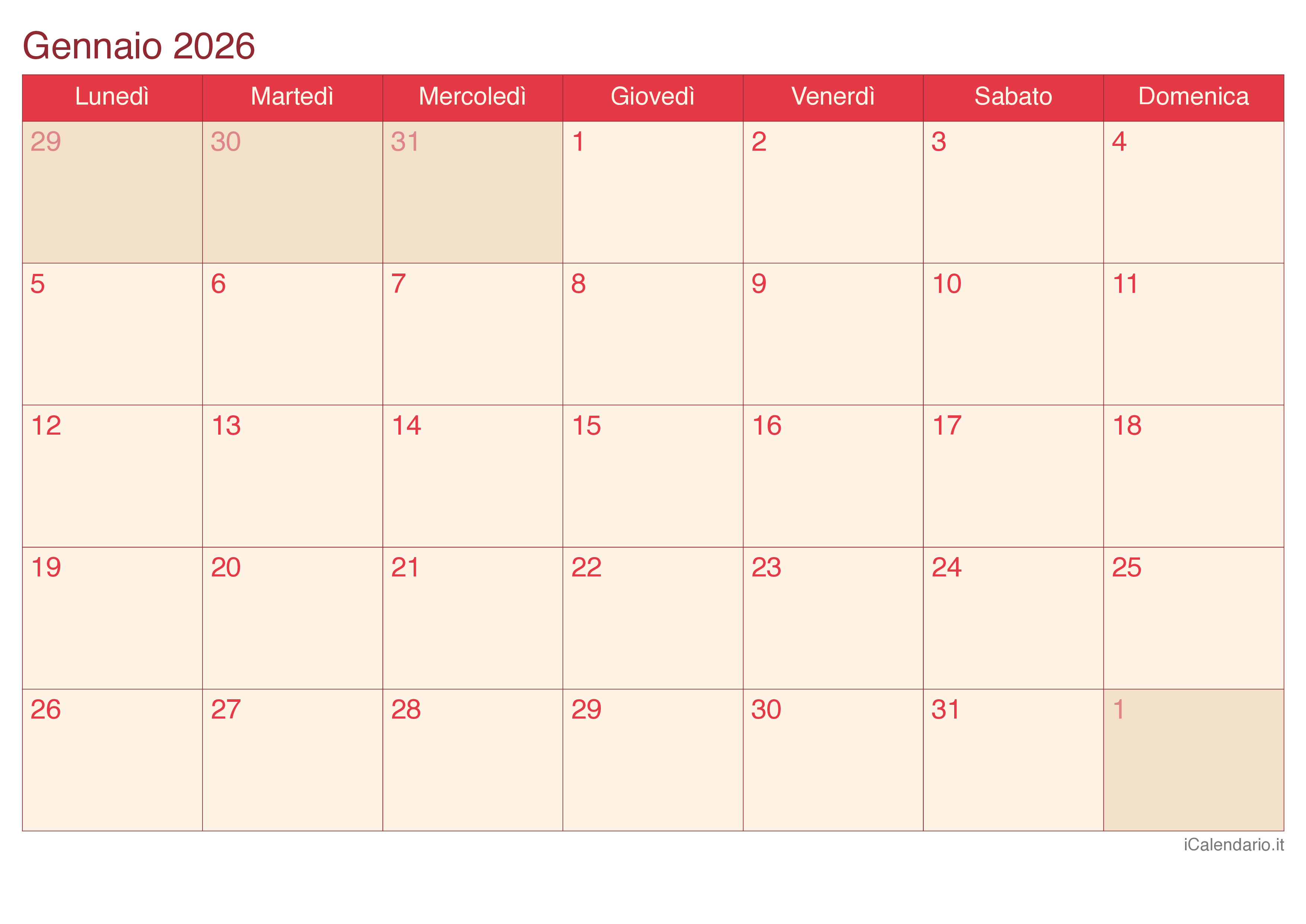 Calendario mensile 2026 - Cherry