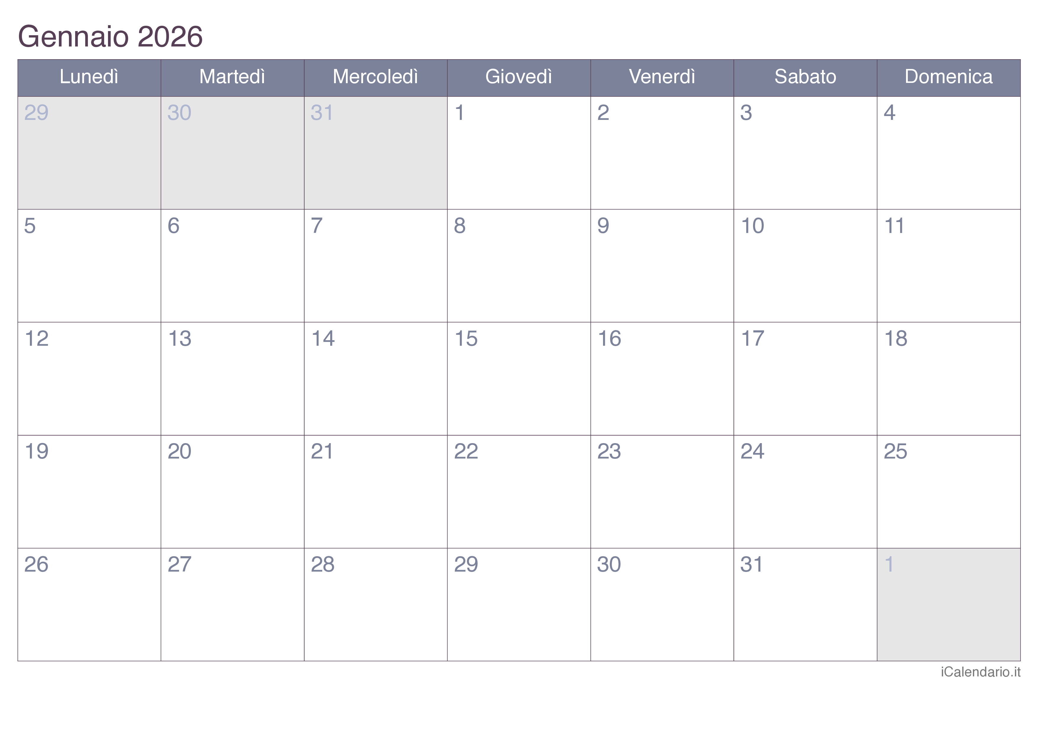 Calendario mensile 2026 - Office