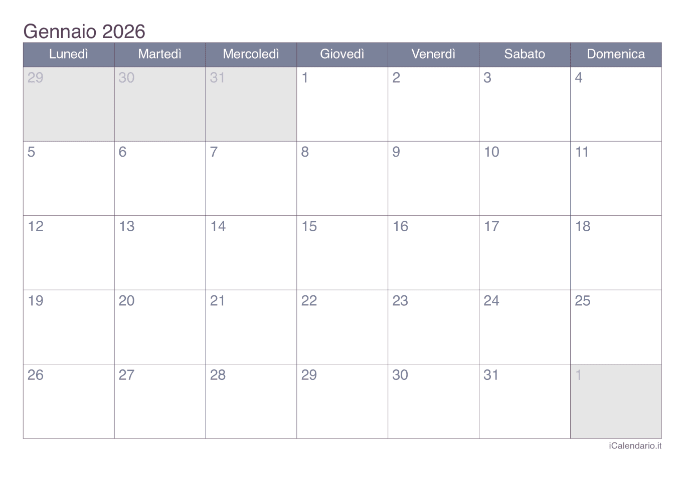 Calendario mensile 2026 - Office