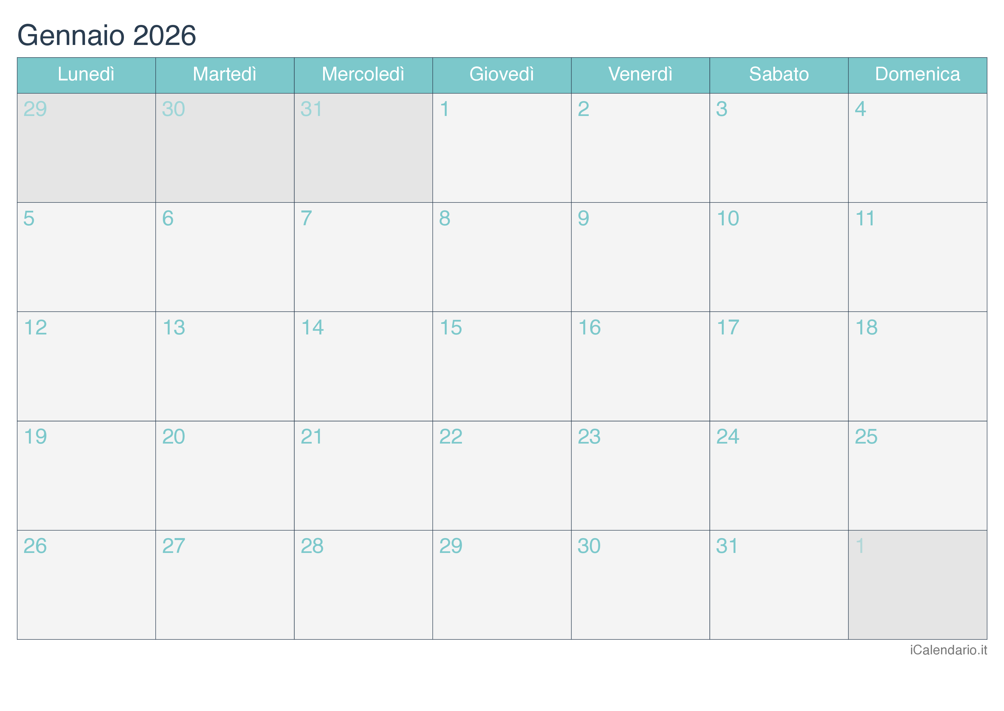 Calendario mensile 2026 - Turchese