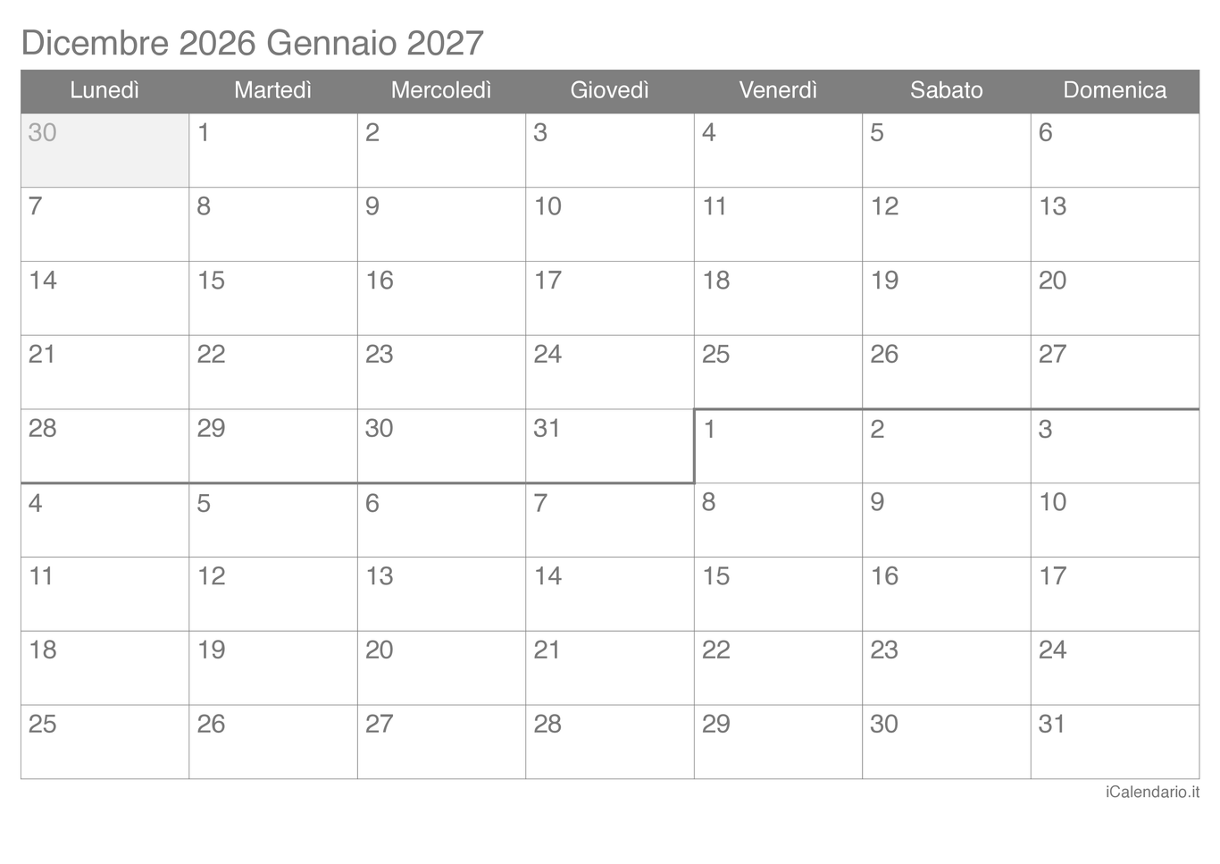 Calendario di dicembre gennaio 2026