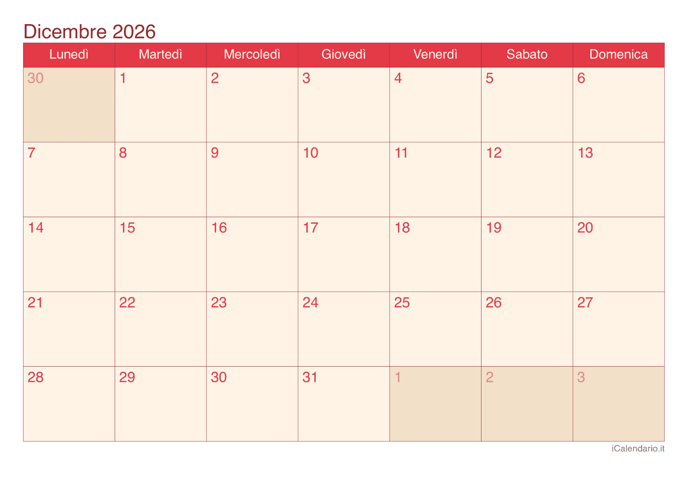 Calendario de dicembre 2026 - Cherry