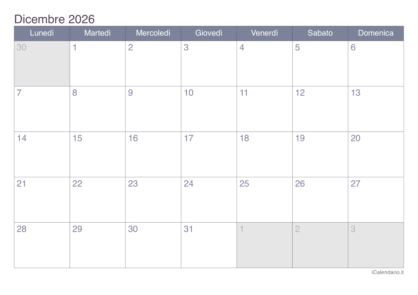 Calendario de dicembre 2026 - Office