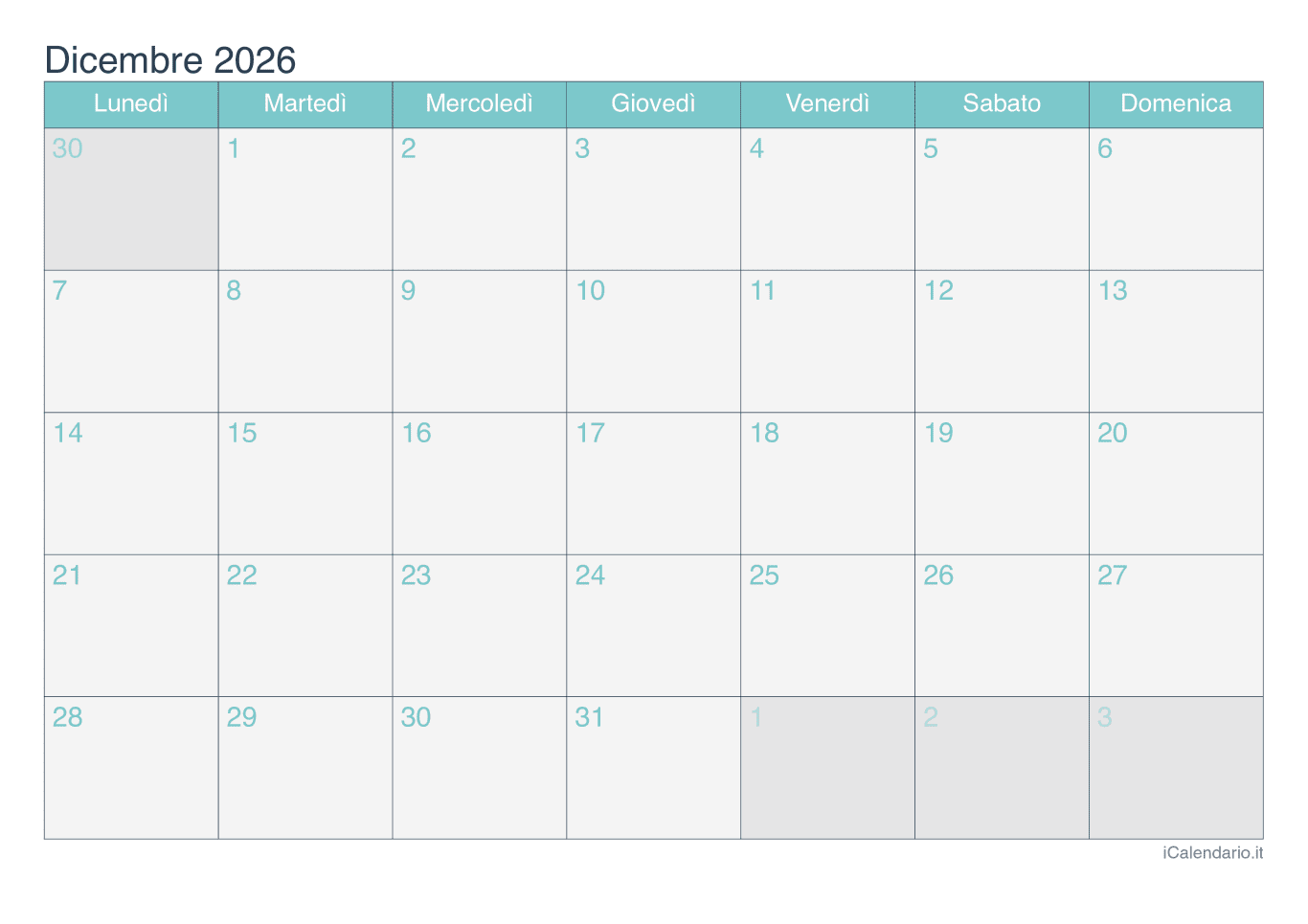 Calendario de dicembre 2026 - Turchese