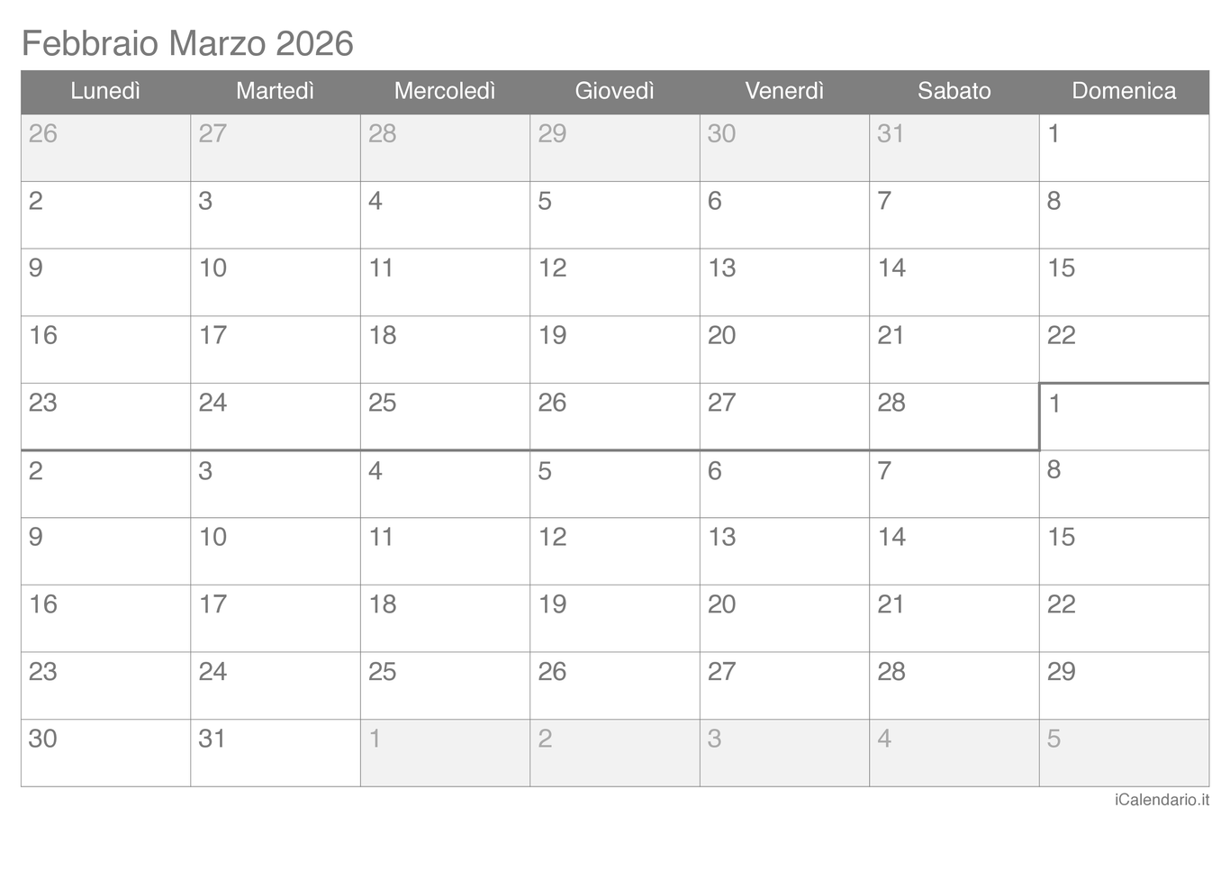 Calendario di febbraio marzo 2026