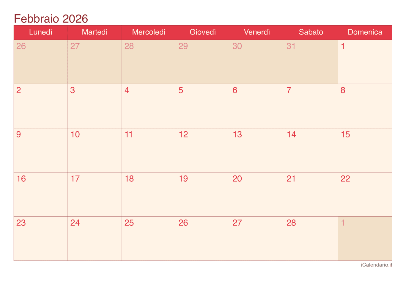 Calendario de febbraio 2026 - Cherry