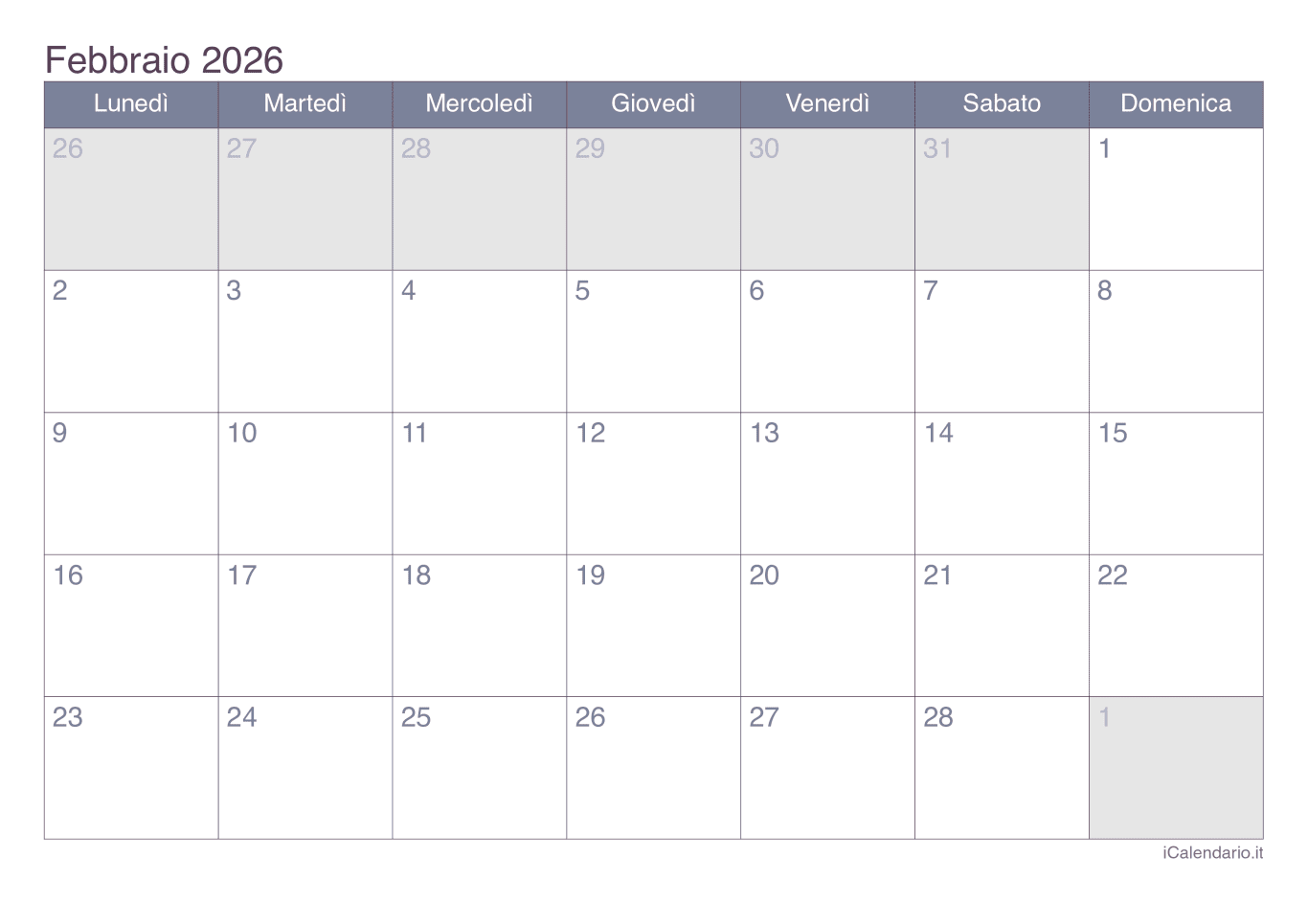 Calendario de febbraio 2026 - Office