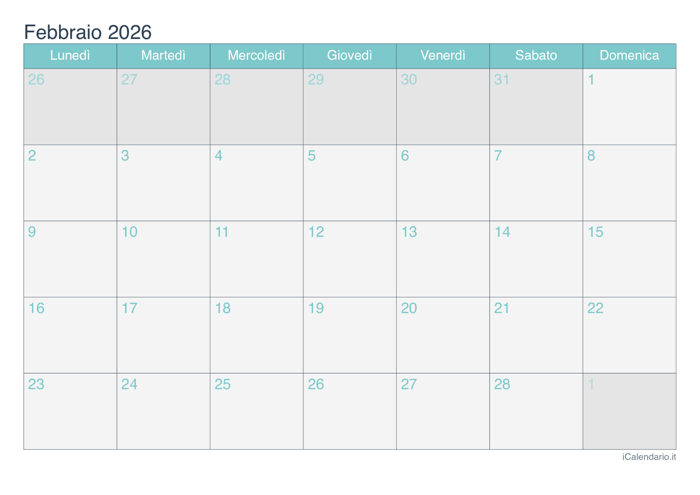 Calendario de febbraio 2026 - Turchese