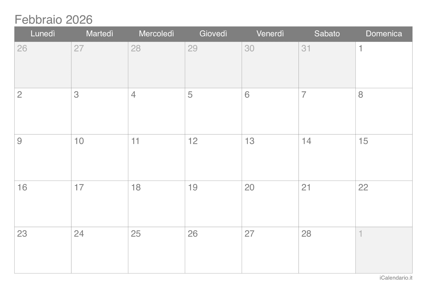 Calendario de febbraio 2026