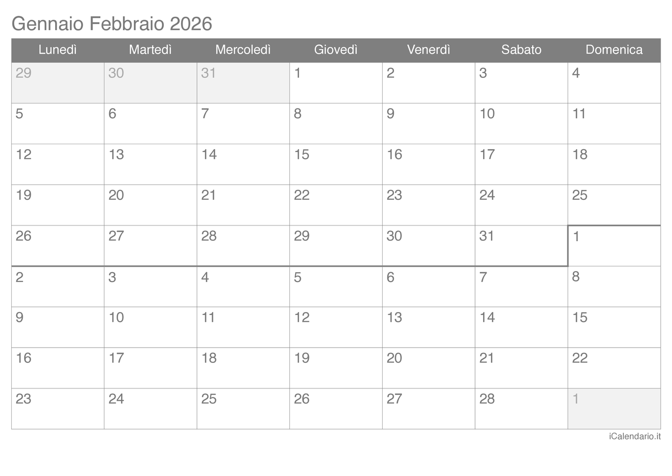 Calendario di gennaio febbraio 2026