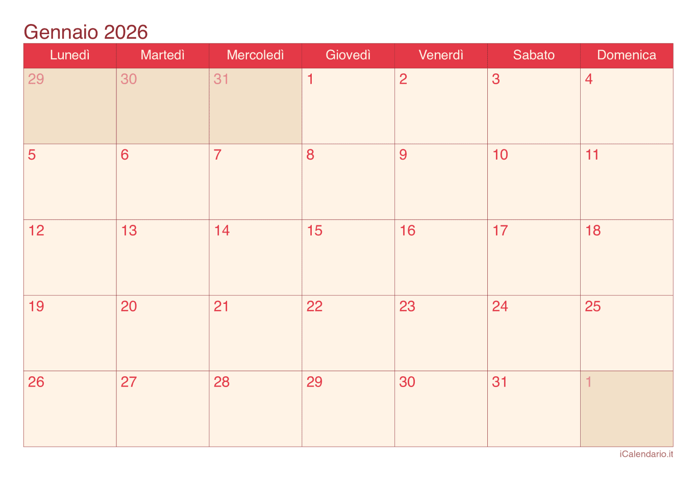 Calendario de gennaio 2026 - Cherry