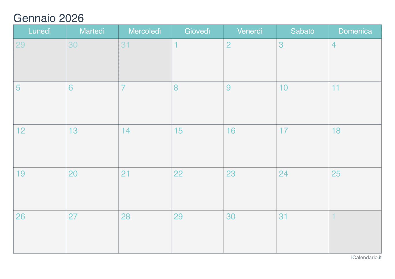 Calendario de gennaio 2026 - Turchese