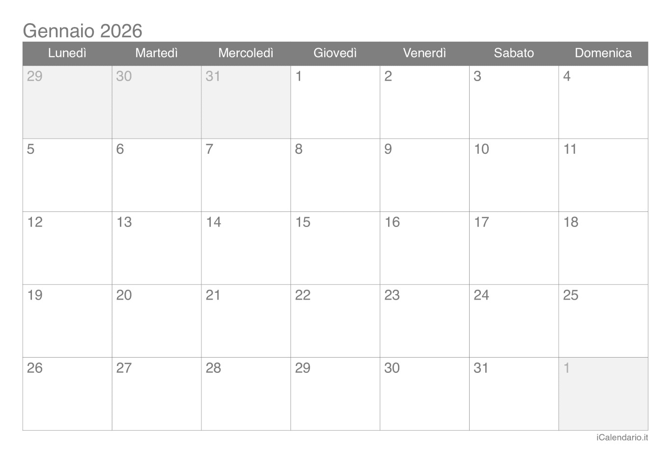 Calendario de gennaio 2026