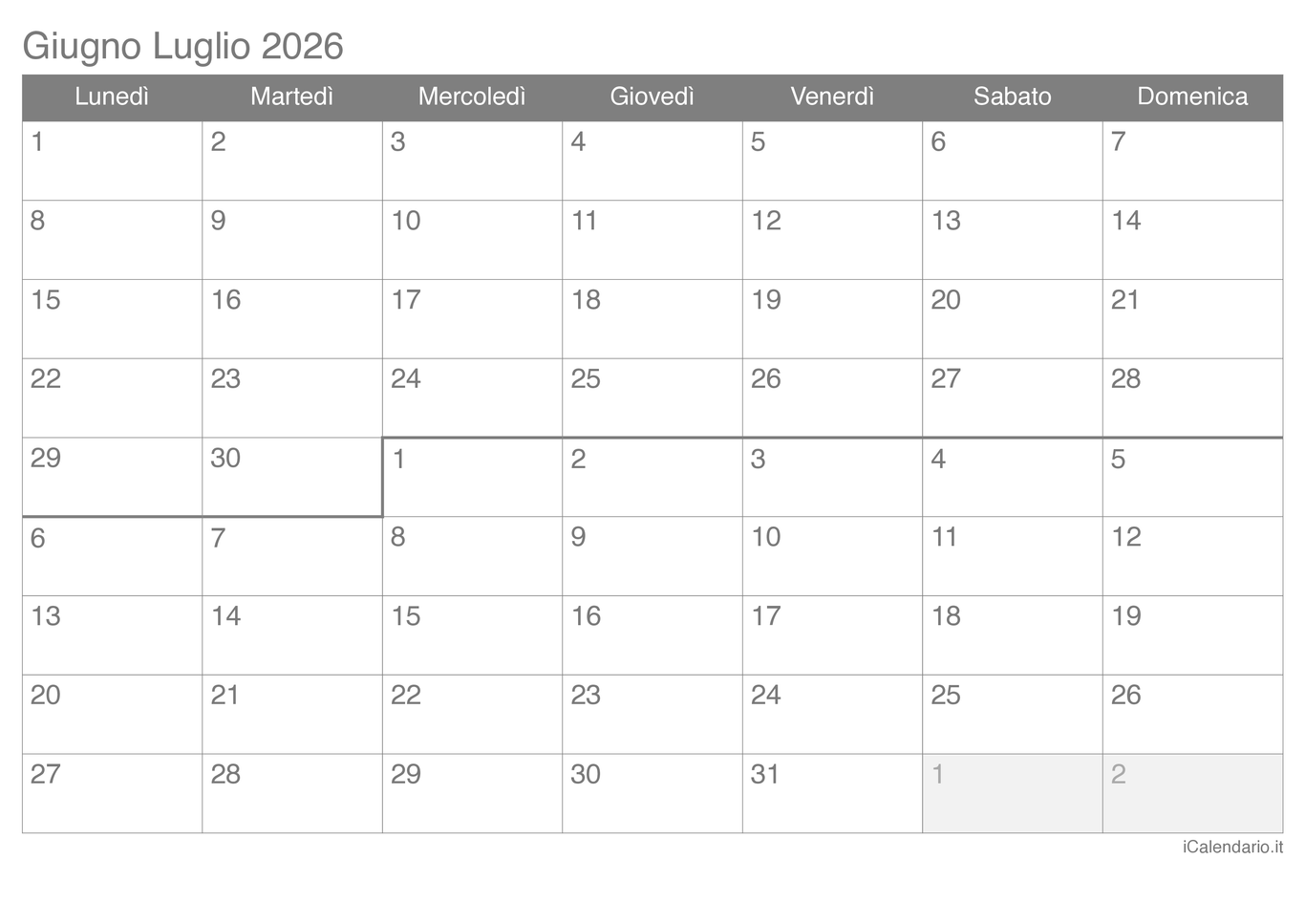 Calendario di giugno luglio 2026
