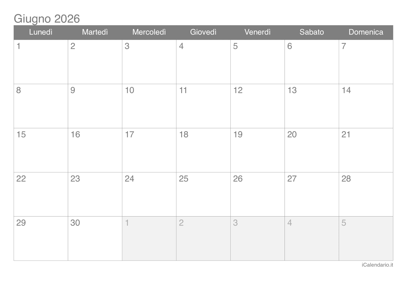 Calendario de giugno 2026