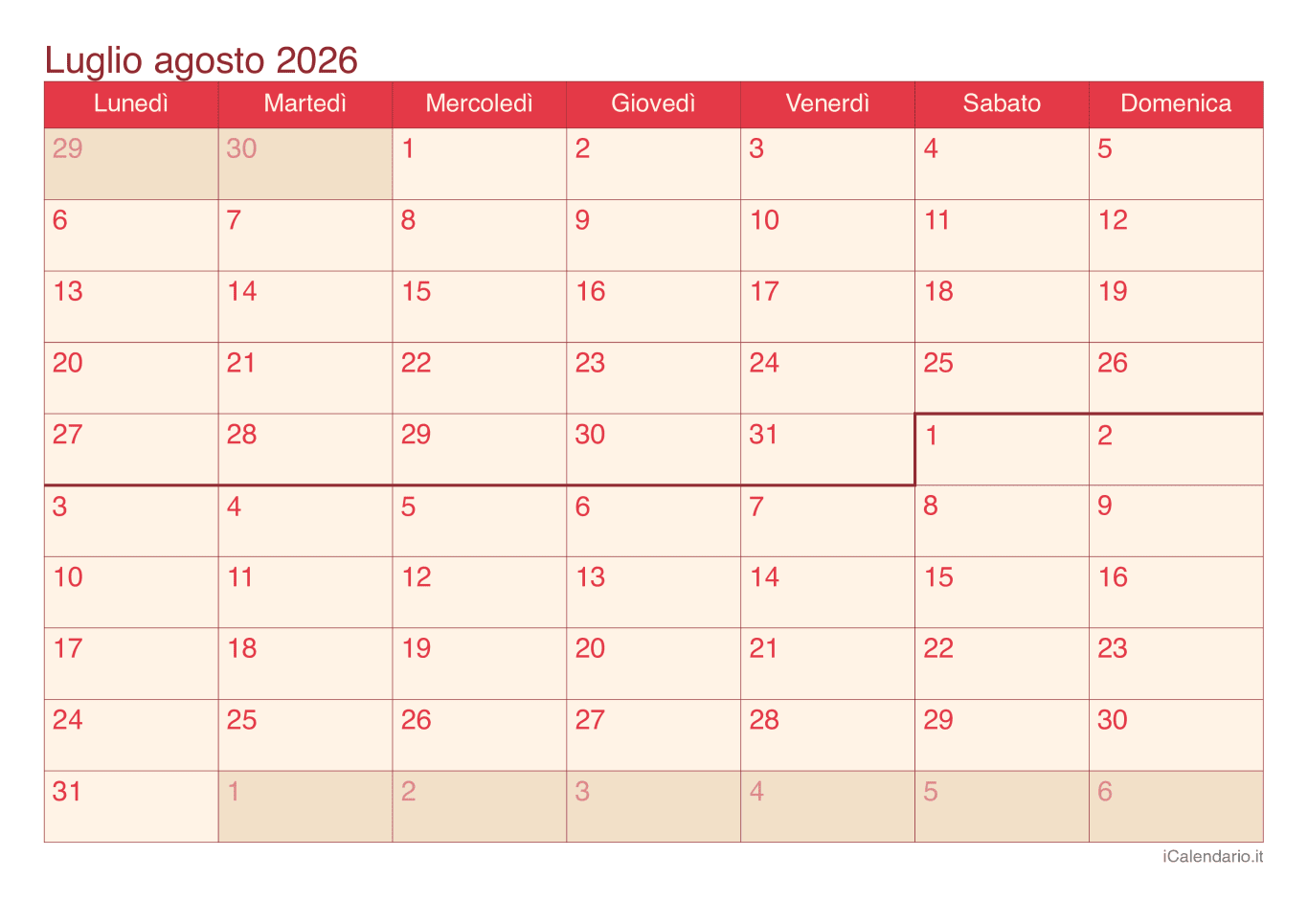 Calendario de luglio agosto 2026 - Cherry