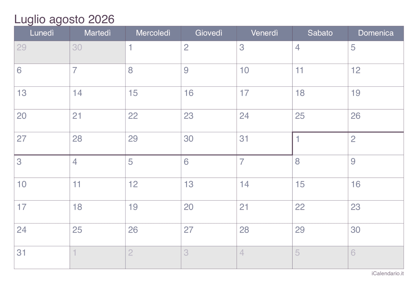 Calendario de luglio agosto 2026 - Office