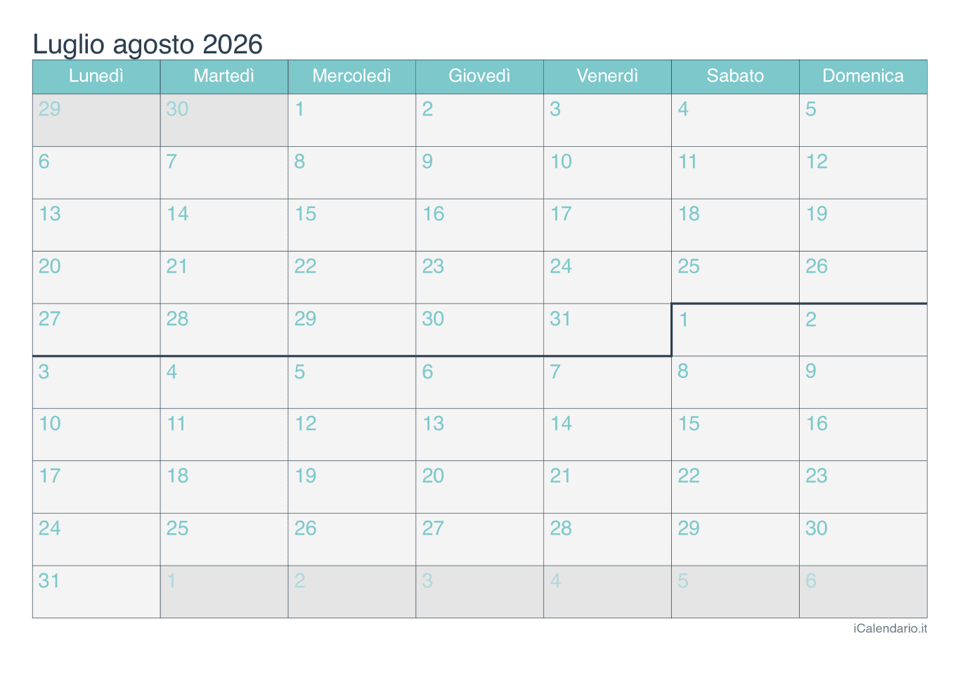 Calendario de luglio agosto 2026 - Turchese