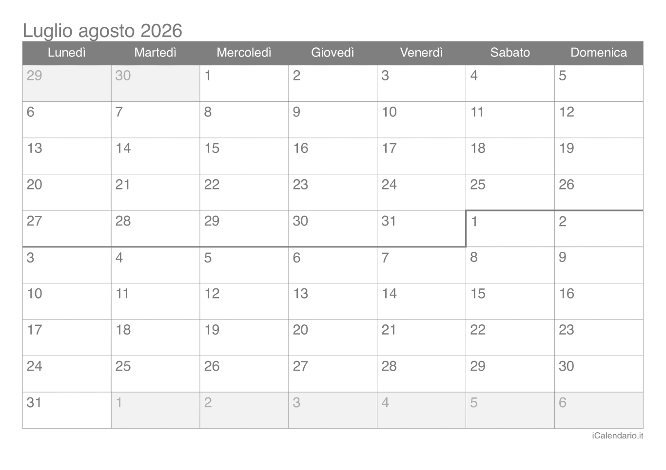 Calendario de luglio agosto 2026