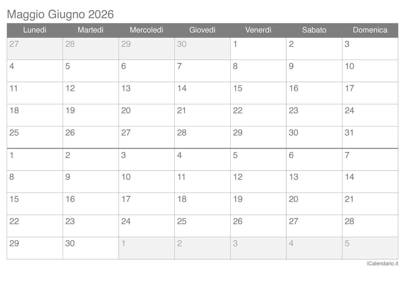 Calendario di maggio giugno 2026