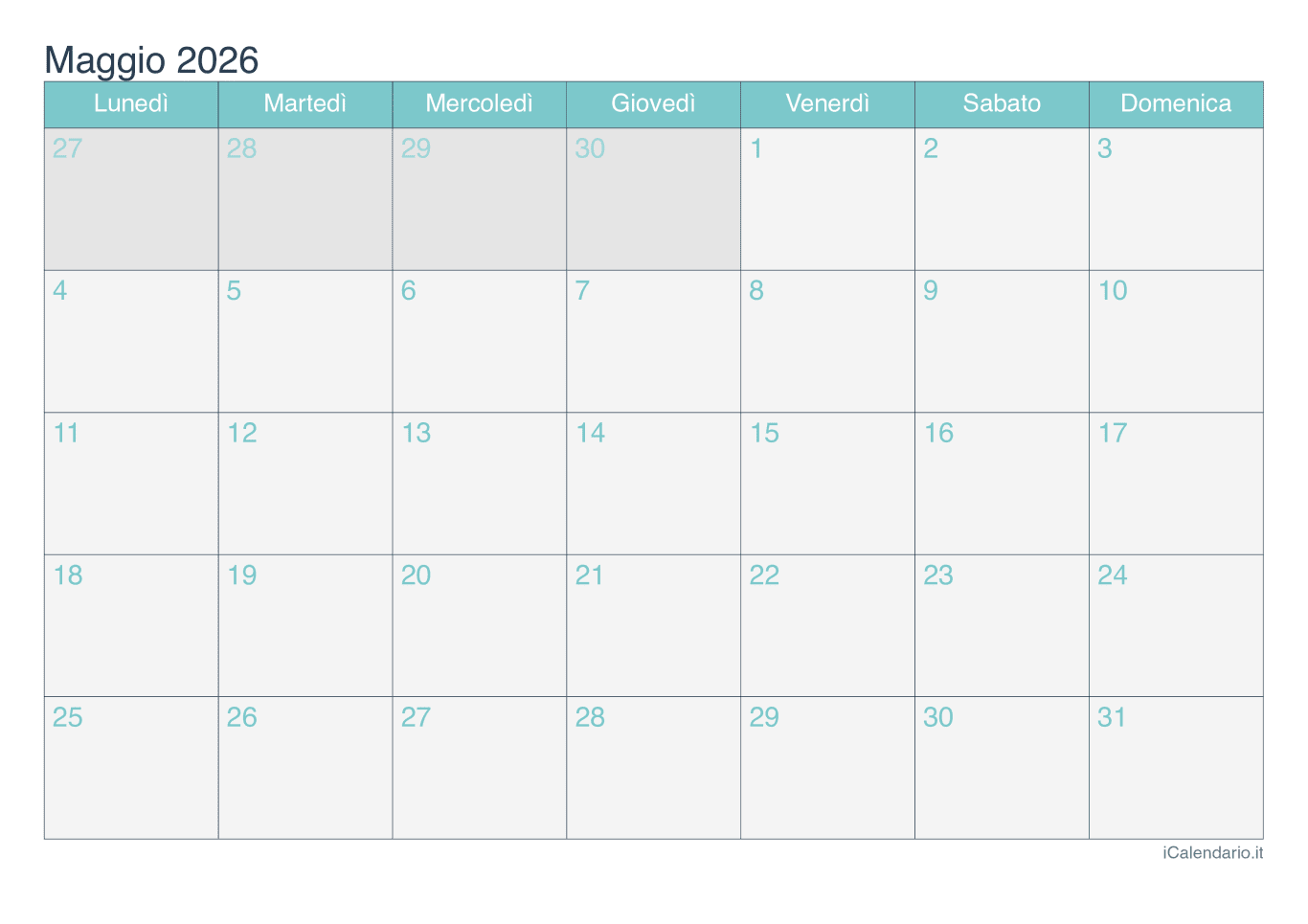 Calendario de maggio 2026 - Turchese