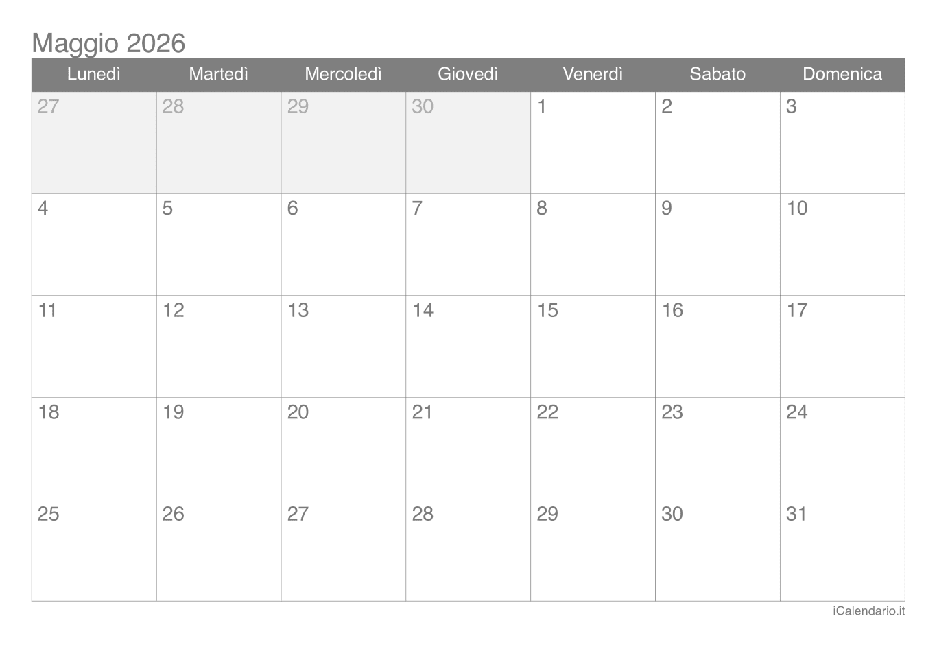 Calendario de maggio 2026