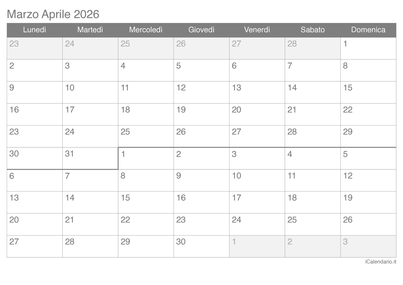 Calendario di marzo aprile 2026