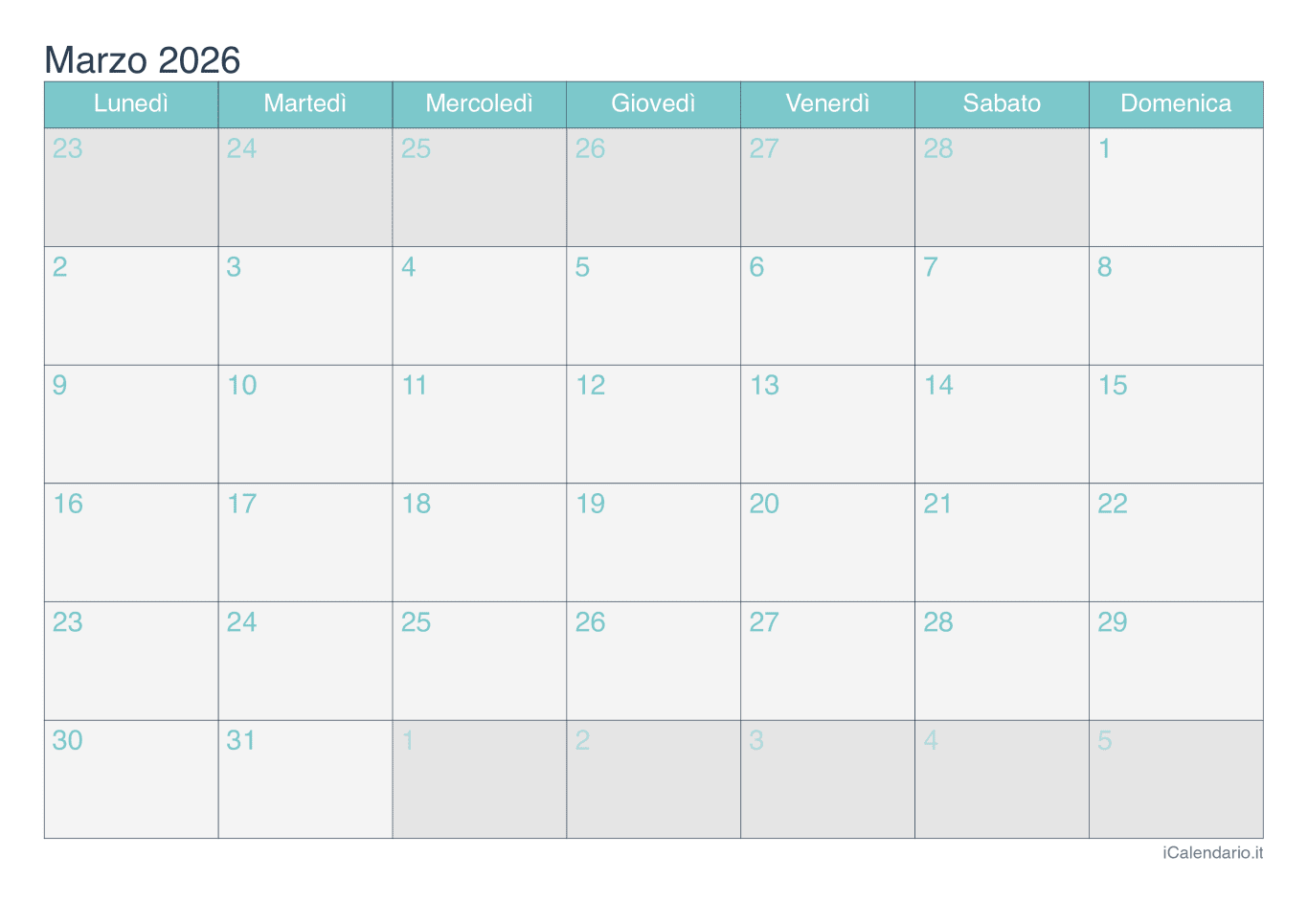 Calendario de marzo 2026 - Turchese