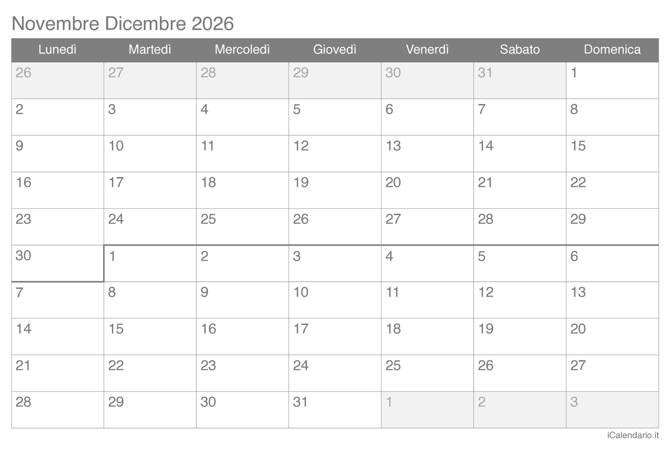 Calendario di novembre dicembre 2026