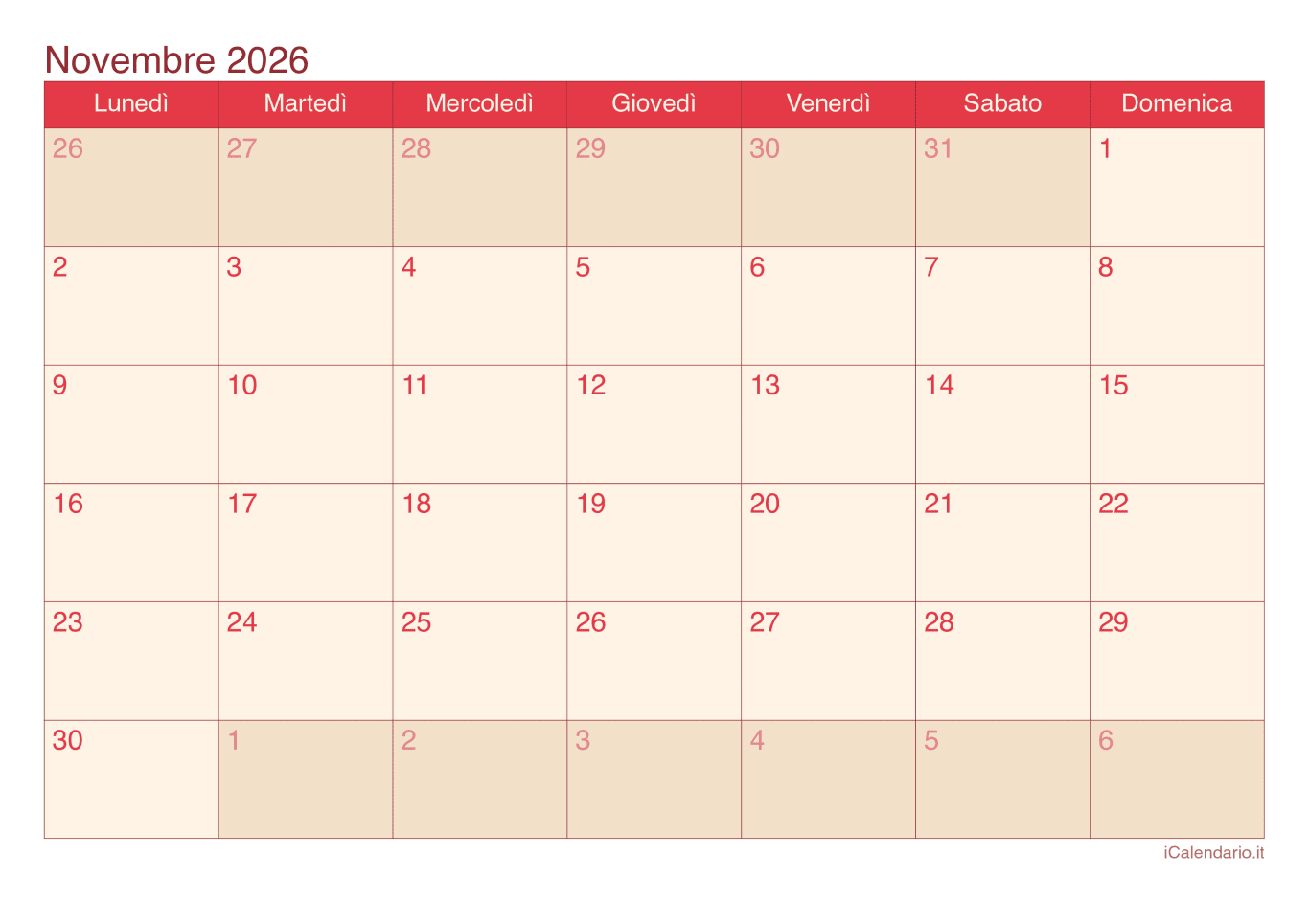 Calendario de novembre 2026 - Cherry