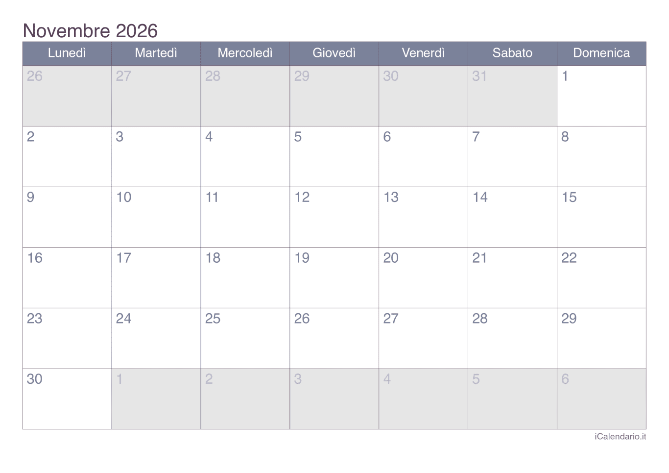 Calendario de novembre 2026 - Office