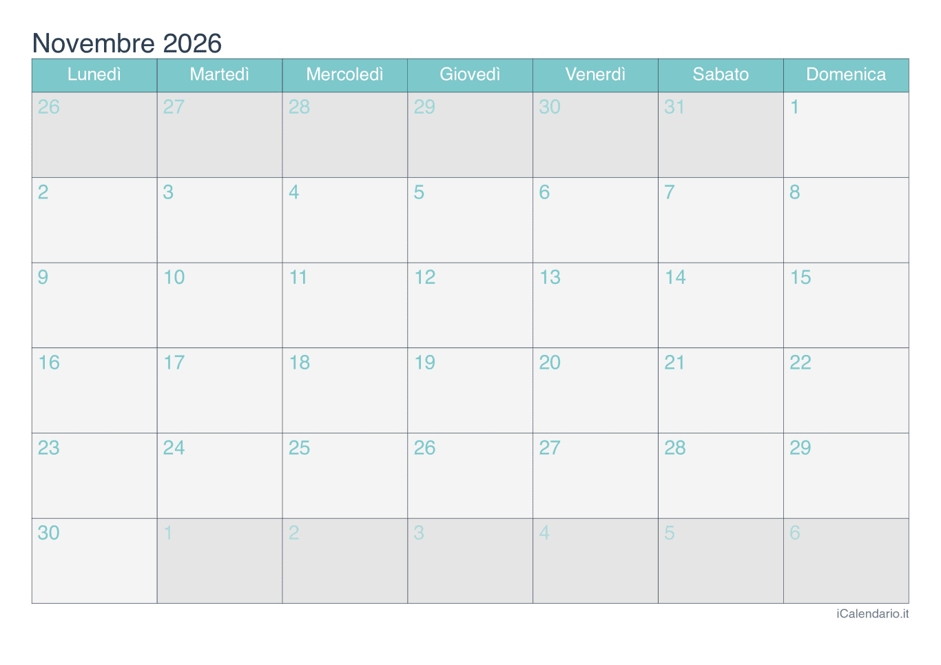 Calendario de novembre 2026 - Turchese