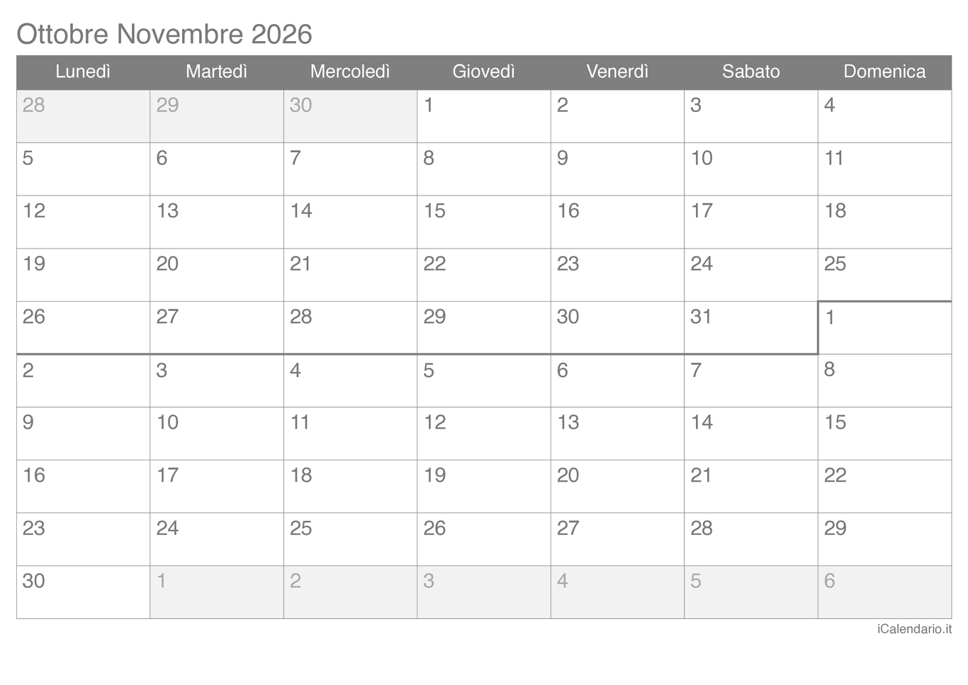 Calendario di ottobre novembre 2026