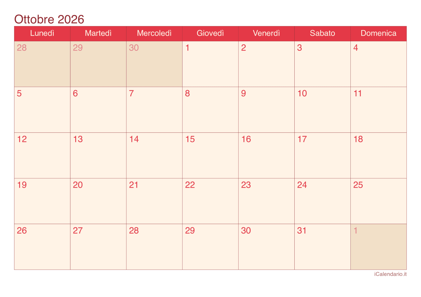 Calendario d'ottobre 2026 - Cherry